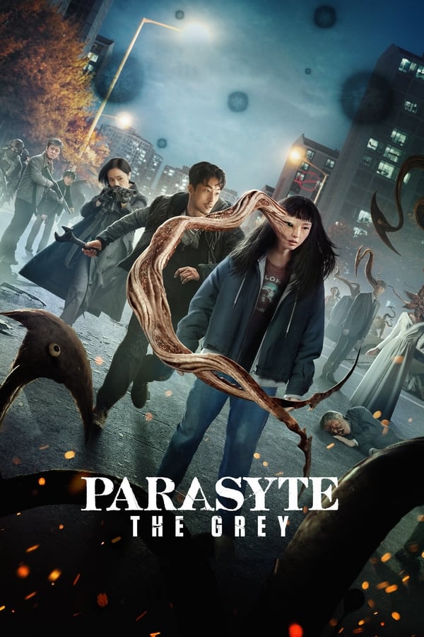 Scène captivante de 'Parasyte The Grey' avec des personnages luttant contre des forces inconnues, évoquant le suspense des programmes sur Atlas Pro ONTV Android TV
