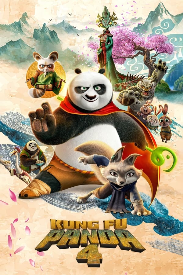 Affiche colorée de 'Kung Fu Panda 4' reflétant la variété de genres proposés par Atlas Pro ONTV Android TV